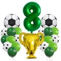 Detailed set of football birthday party balloons including gold champion trophy and green number 8 - Number 8 Theme