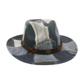 Cappello fedora in denim patchwork blu con cinturino in pelle e borchia a testa di toro - Taglia unica / Nero