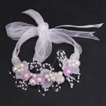 Pink and white flower girl headband with faux pearls and organza bow ribbon - Purple Wrist Flower