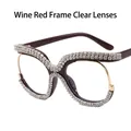 Montatura occhiali bordeaux oversize con strass di lusso e lenti trasparenti - Rosso Vino Lente Trasparente