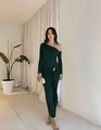 Elegant dark green one-shoulder evening dress with long sleeves and metallic detail - Dark Green
