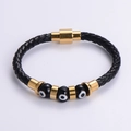Bracciale da uomo in pelle nera intrecciata con tre perline occhio greco e chiusura magnetica - Oro