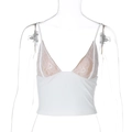 Detailed view of white lace V-neck crop top with mesh fabric on mannequin - S / White