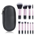 Portable 10-piece makeup brush set with pink handles and a black oval zipper travel case - 10 Pcs Black Handle Brushes + Bag