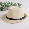 Cappello di paglia beige classico stile fedora estivo con fascia in ecopelle nera - Stile Bambini (52-54cm) / Beige