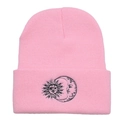 Pink knit beanie with sun and moon embroidery for outdoor winter warmth and style - Adult(54-60cm) / Pink