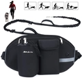 Detail view of black nylon running waist bag with elastic leash for dog walking - Metal Logo Upgrade Single Bag / Black
