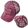 Distressed burgundy baseball cap with American flag patch and star mesh paneling - Burgundy / Adjustable