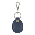 Dark blue leather AirTag keychain holder with antique brass metal hook and ring - Crazy Horse Black