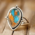 Bague vintage argentée goutte d'eau avec mosaïque orange et bleue style bohème - US 6 / Rouge et Bleu