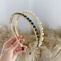Baroque style gold alloy headbands with emerald green gemstones and white pearls set - Pearl Green