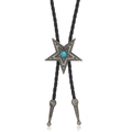 Λεπτομέρεια vintage bolo tie αστέρι με τιρκουάζ πέτρα και δερμάτινες άκρες κορδονιού - Αντίκα Ασημί