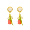 Pastellrosa Tulpen- und weiße Rosen-Ohrhänger mit Perlen und grünen Blättern - Weißer Rosenanhänger Rosa-Orange Tulpe (3801)