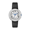 Montre pour femme avec boîtier argenté serti de diamants et bracelet en cuir noir à chiffres romains - Boîtier Argent Cadran Blanc Bracelet Cuir Noir