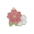Pink and white cherry blossom enamel pendant charm with golden edges and green leaves - Large Sakura 25x25mm