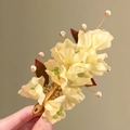 Close-up detail of elegant white fabric flower hair clip with pearls and golden base - Elegant Ivory Fabric Pearl Hair Clip (82#) / Single Piece / Off White