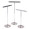 Three-piece silver metal T-bar earring display stands with ornate floral round bases - T-Shape / Silver