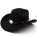 Close-up of black suede cowboy hat featuring a silver bull head metal buckle and studs - M (56-58cm) / Black