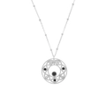 Silver enamel necklace featuring a black gemstone round cutout pendant with beaded chain - Steel Black