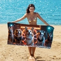 Microfiber beach towel with colorful five dogs print shown by a model on the beach - B75-Five Dogs Photo