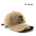Vintage khaki washed cotton baseball cap with embroidered letter T and distressed details - Khaki