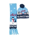 Blue LED knit Christmas hat and scarf set with snowman pattern and Let it SNOW text - Set 17 (Blue White Snowman)
