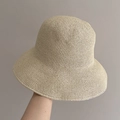 Minimalist beige crochet straw sun hat for women featuring a handmade woven pattern - 8cm Brim / Beige