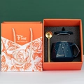 Dark blue ceramic diamond facet mug with gold spoon in orange floral gift box set - Blue Diamond Starry Sky Mug Orange Gift Box