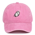 Close-up of ghost embroidery with crown on pink washed cotton baseball cap texture - Washed Pink