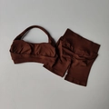 Women's halter yoga set with high waist compression shorts in dark brown seamless fabric - S / Chestnut Brown