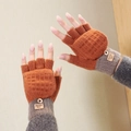Winter thermal knit gloves in orange and brown with convertible fingerless flap design - Half-Finger Flip Cover Style / Orange