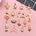 Golden alloy ocean charms collection featuring turtle, starfish and seahorse for DIY jewelry - 16 Pcs Ocean Series Set