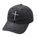 Vintage washed cotton baseball cap with white cross embroidery in charcoal black - M (56-58cm) / Black