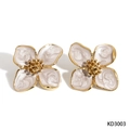 French vintage 316 stainless steel earrings with white enamel flower petals and gold trim - Gold + Apricot (KD3003)