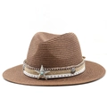 Bohemian brown straw sun hat with wide brim, featuring star buckle and turquoise stone - M (56-58cm) / Coffee