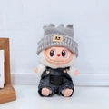 Labubu plush doll wearing a grey knit hat and blue denim overalls from the party series - Cool Gray Hat + Cool Overalls / First And Second Generation Keychains Are Compatible With La Cloth Dolls. Dolls Not Included.