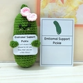 Handmade crochet positive pickle with a pink bow and emotional support message card - Small Bow Pickle With Large Card