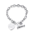Detail of silver heart charm with Proverbs 4:23 engraving on t-bar chain bracelet - Classic Heart Silver