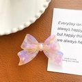 Elegant iridescent acetate bow hair clip with pearl detail in soft pastel shades - Floral Pink Purple - Duckbill Clip