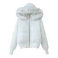 Close-up of white puffer jacket featuring a fluffy detachable grey and white fur hood trim - S / White