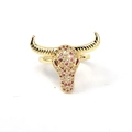 Bague ouverte tête de taureau dorée style hip hop avec zircons et yeux roses - Ouvert Réglable / Or avec zircone rose
