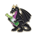Enamel black dragon pin holding green wine bottle with purple checkered belly details - Black Dragon with Purple Belly