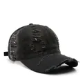 Retro washed black baseball cap with distressed rip details and adjustable strap - Black