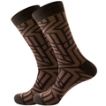 Close-up of brown mid-calf socks with black geometric stripes on white background - Coffee Geometric