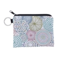 Close-up of mandala coin purse with waterproof fabric, zipper, and metal keychain - Multicolored Floral