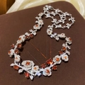 Silver flower pendant necklace with orange-red gemstones and sparkling crystals - Silver Amber Rose Pendant Necklace
