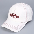 Detail of white cotton baseball cap with burgundy stitching and 3D letter embroidery - M (56-58cm) / White