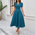 Elegante vestido azul línea A con cuello en V mangas abullonadas y talle alto - S / Azul Índigo