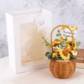 Handmade crochet sunflower bouquet in a brown woven basket with a gift carry bag - Sunflower / Single Bouquet