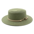 Detail of olive green boater hat with a cream leather band and gold metal buckle - M (56-58cm) / Dark Green